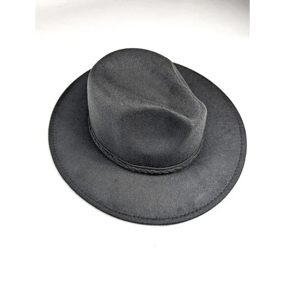 FRYE Fedora Felt Braided Band Hat Wide Brim Festival Men's One Size Black NWT - Picture 2 of 9
